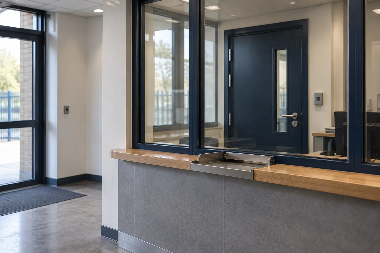 Laminated glass security screen and steel door in a secure UK reception