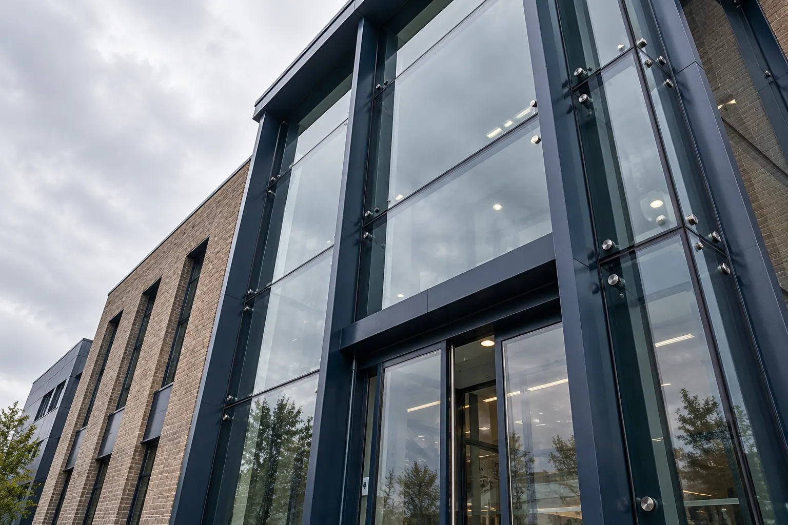 Heavy steel-framed glazed curtain wall on a UK government-style office building