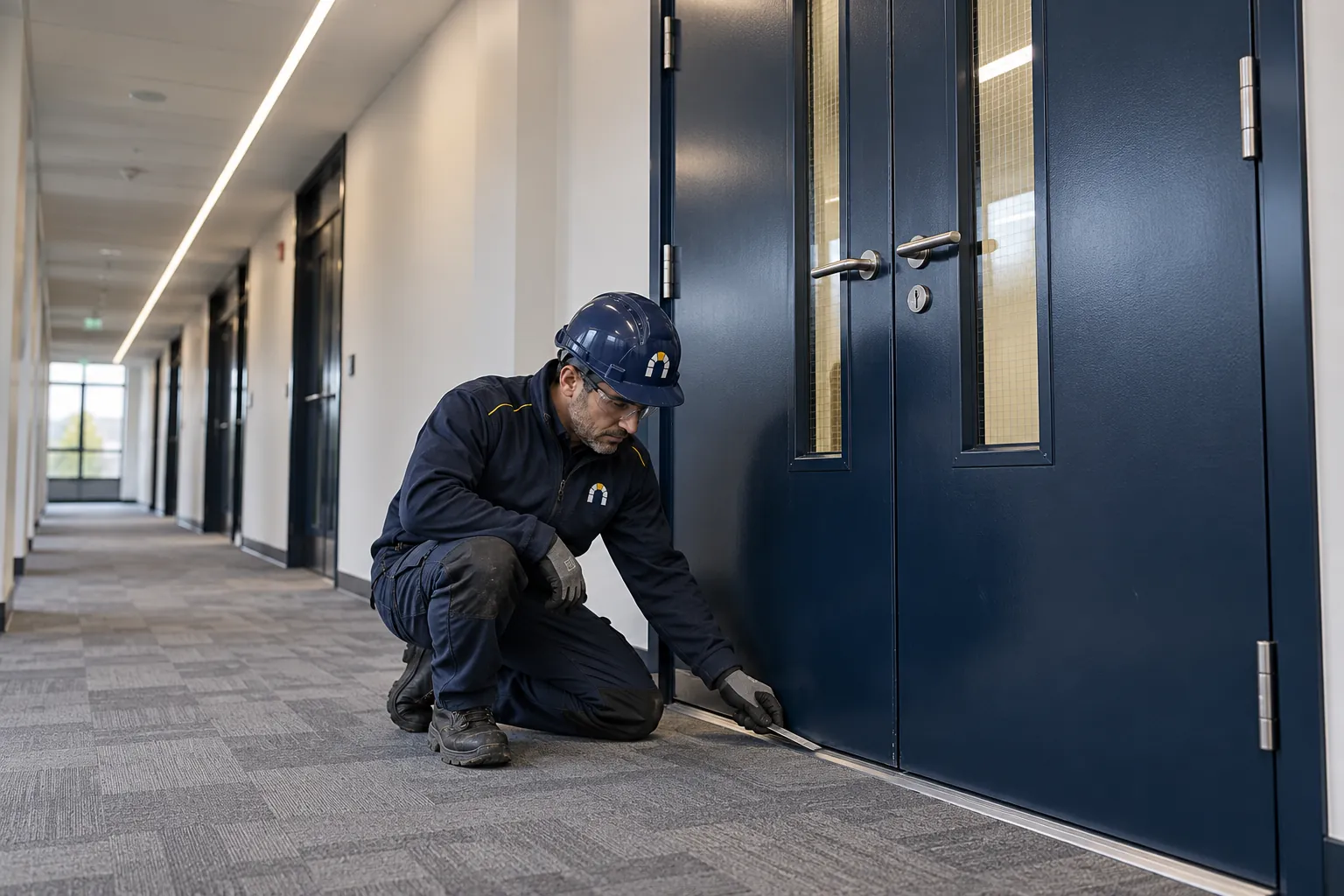 Installer checking the seal of navy steel fire-rated doors in a UK office corridor