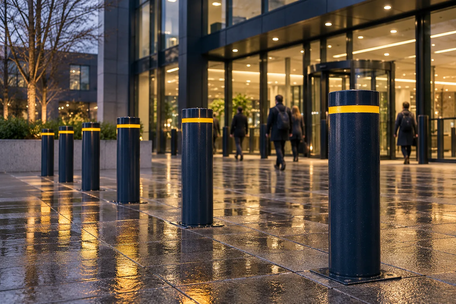 Steel security bollards with amber bands outside a UK office entrance at dusk