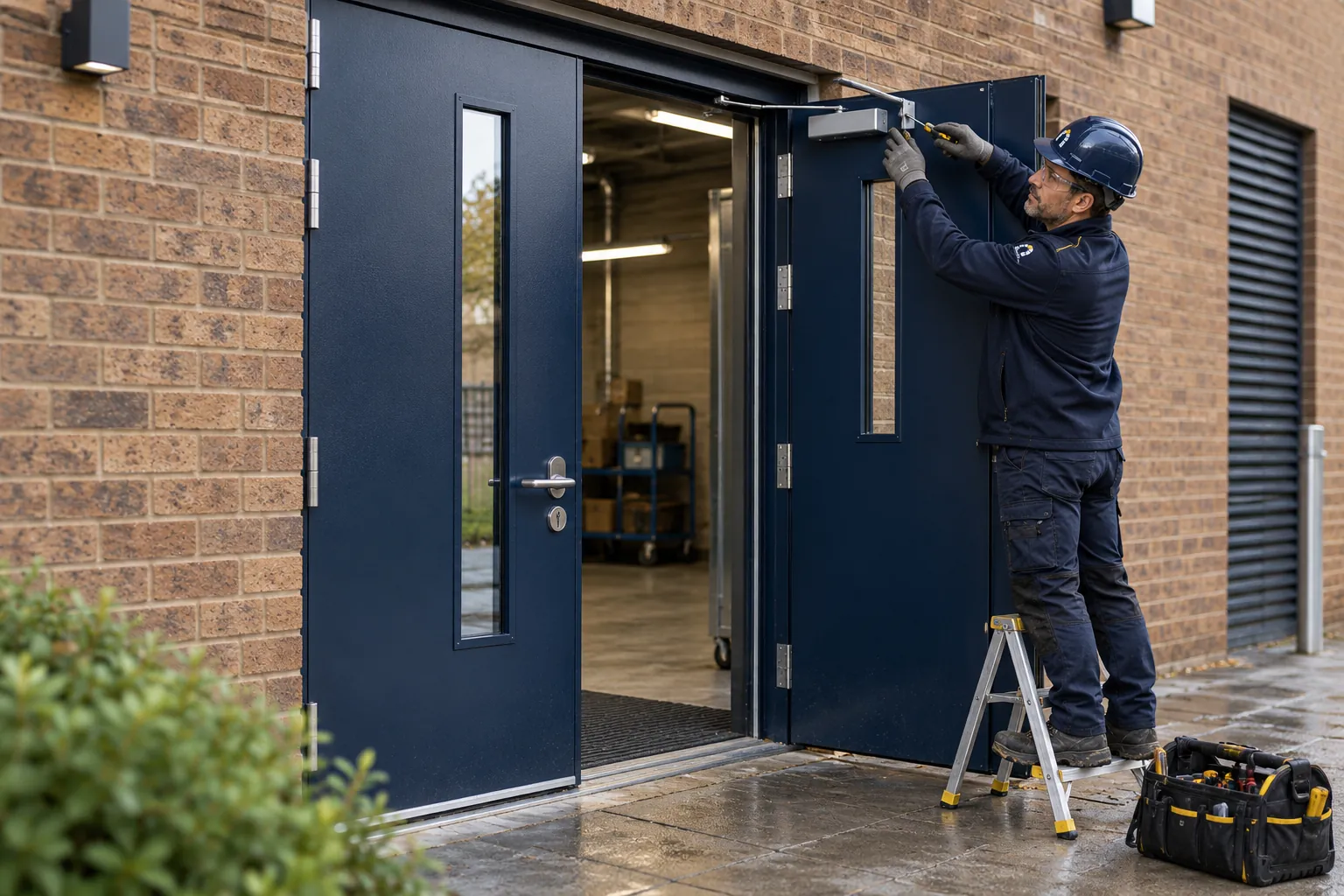 Installer fitting a door closer to navy steel security doors on a UK brick building
