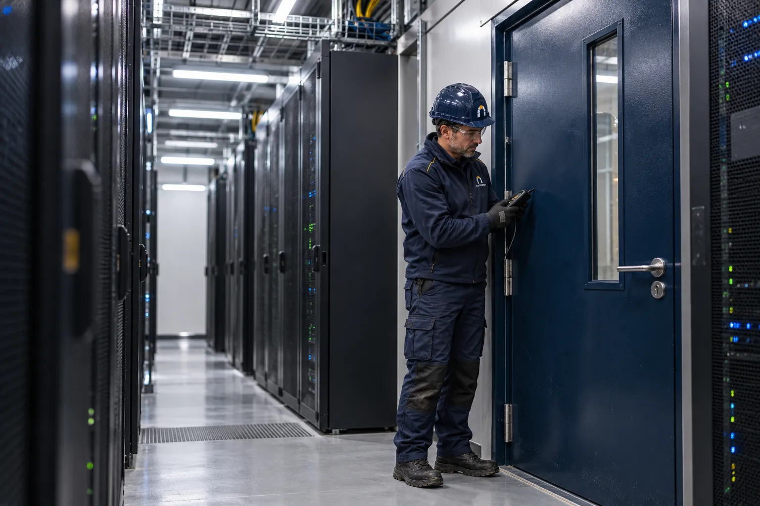 Installer checking a reinforced steel door at the end of a data hall aisle