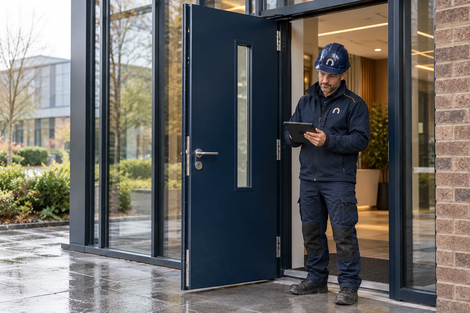 Installer checking a navy steel security door at a UK office entrance