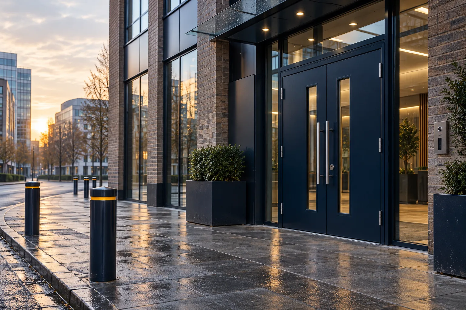 UK city commercial district with steel entrance doors and bollards at dawn