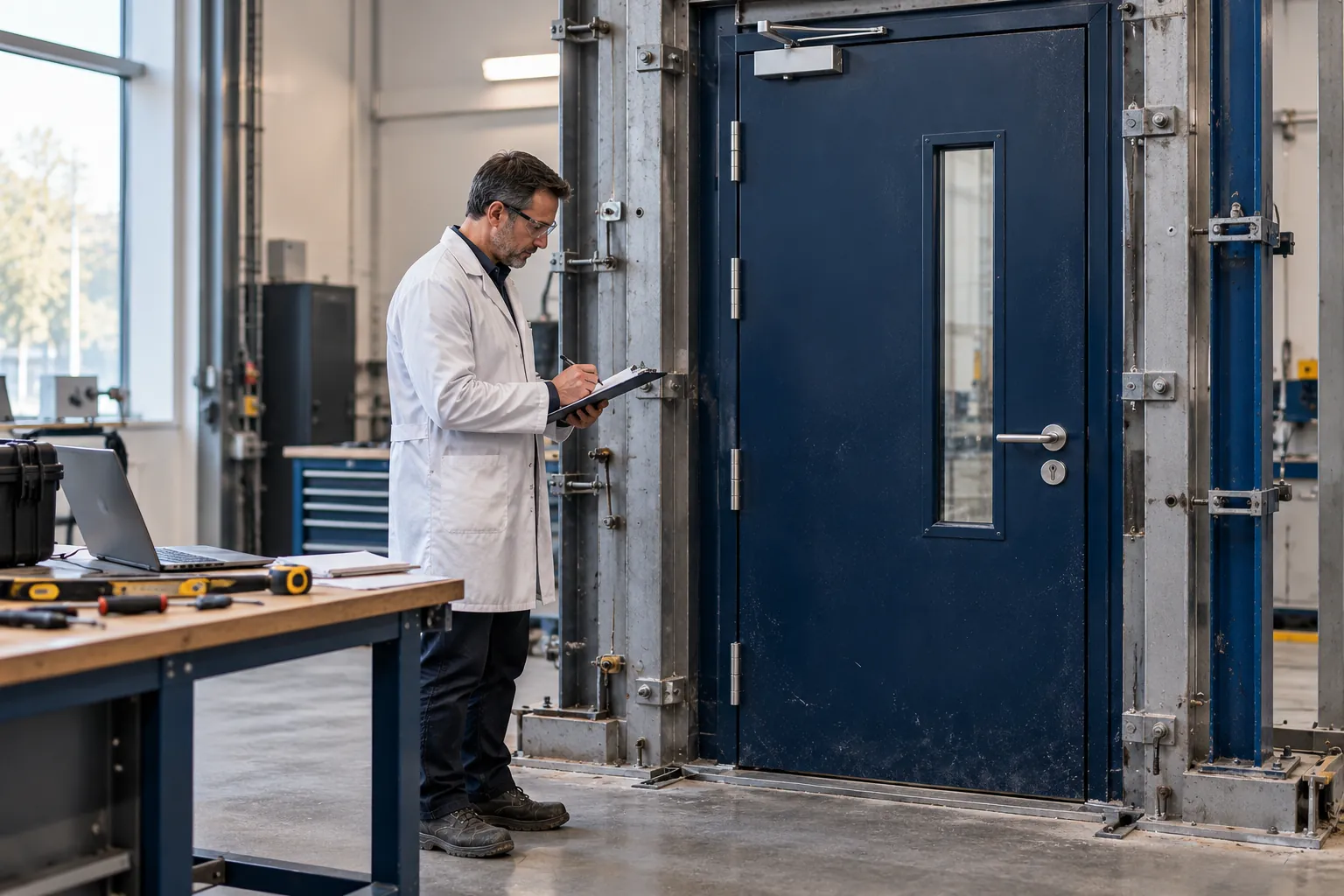 Steel door sample in a security test frame with an assessor in a UK test laboratory